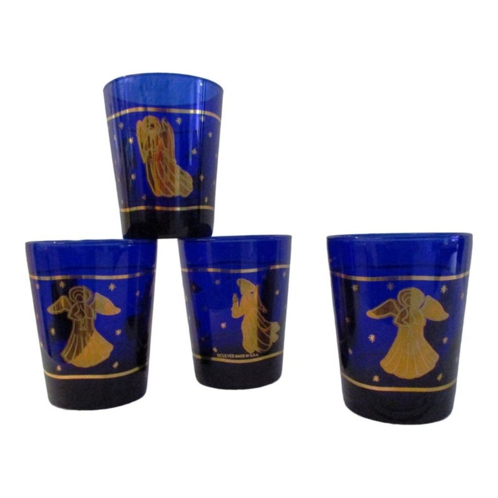 Vintage Culver Cobalt Blue 22K Lowball Glasses, S/4